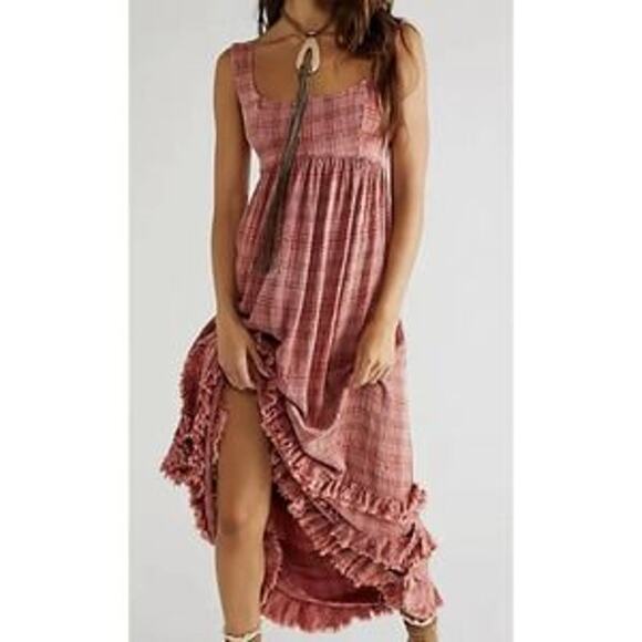 Free People Lily Anne Maxi Dress Plaid Ruffle Hem BackTie Rose Terracotta M - Picture 2 of 15